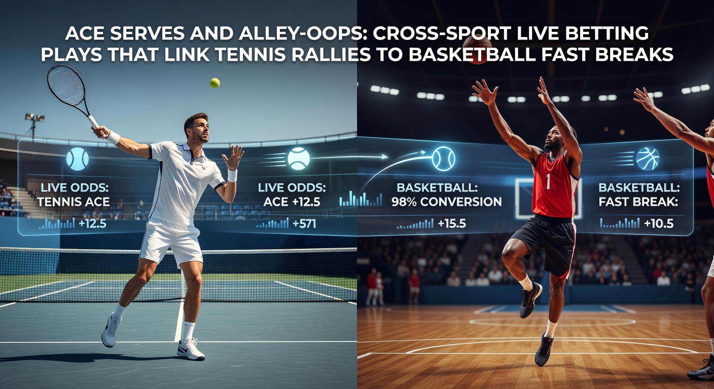 Tennisspieler feiert einen perfekten Ace-Serve, während im Hintergrund Basketballer einen Alley-Oop-Dunk vollführt – Symbol für cross-sport Live-Wetten