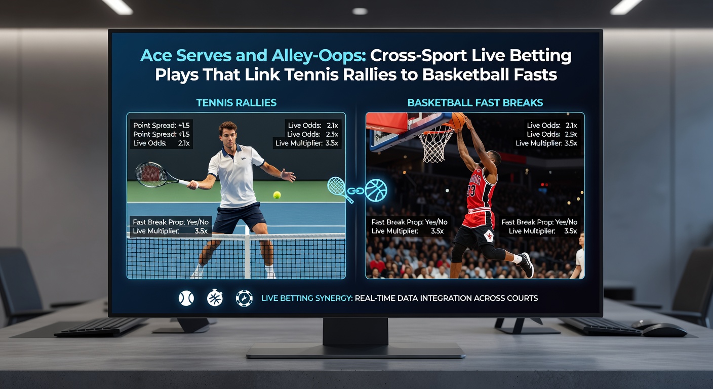 Dynamischer Basketball-Alley-Oop während eines Fast Breaks, kontrastiert mit einem intensiven Tennis-Rallye – perfekt für Live-Wetten-Strategien