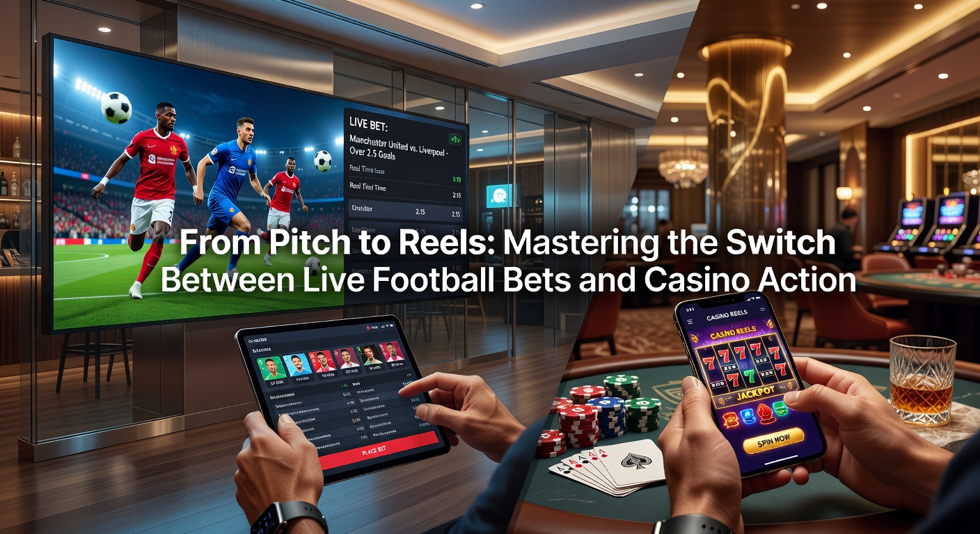Fußballspieler auf dem Platz mit Casino-Slot-Maschinen im Hintergrund, symbolisiert den Wechsel zwischen Sportwetten und Casino-Action