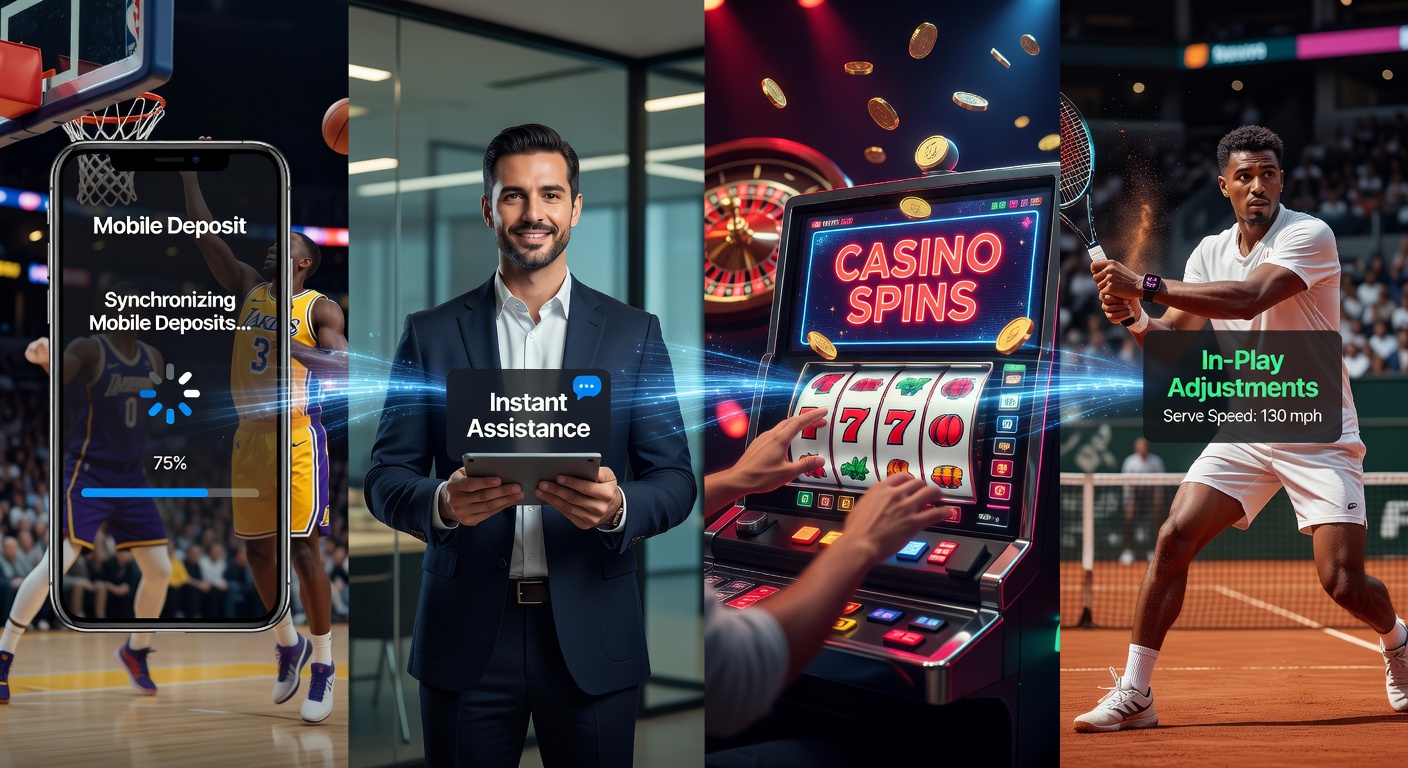 Mobile App-Oberfläche zeigt Synchronisation von Einzahlungen während Live-Basketball-Wetten und Wechsel zu Casino-Spielen